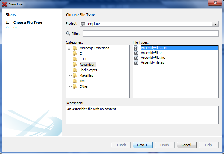 MPLAB X IDE - New Assembly File
