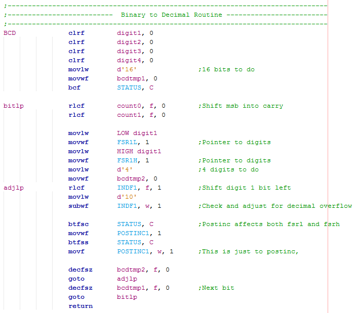 18 Series Microchip -  Assembly Binary to Decimal Conversion Program