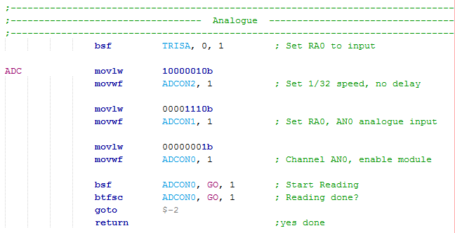 18 Series Microchip - Assembly Analogue Read Program