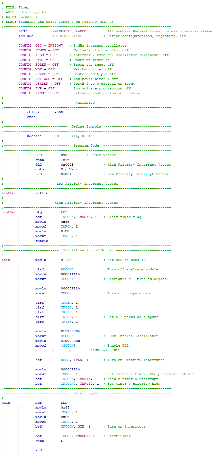 18 Series Microchip - Assembly Flashing LED Timer Program