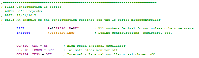 18 Series Microchip -  Assembly Configuration Example Program