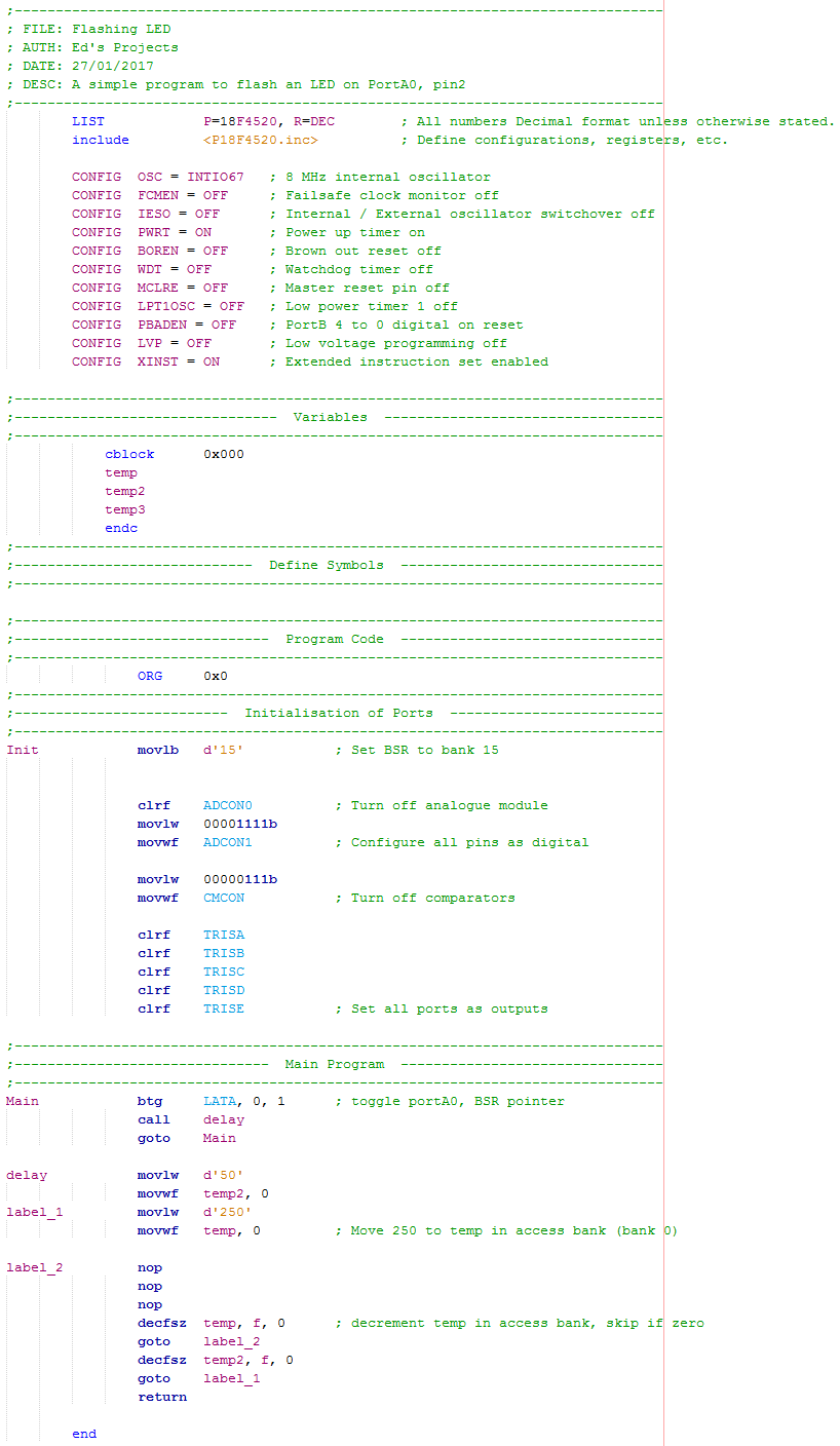 18 Series Microchip -  Assembly Test Program - Flashing LED