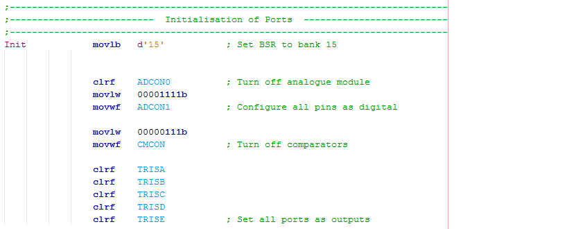 18 Series Microchip - Assembly Port Initialisation Program Example