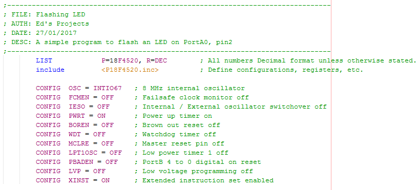 18 Series Microchip - Assembly Configuration Program Example