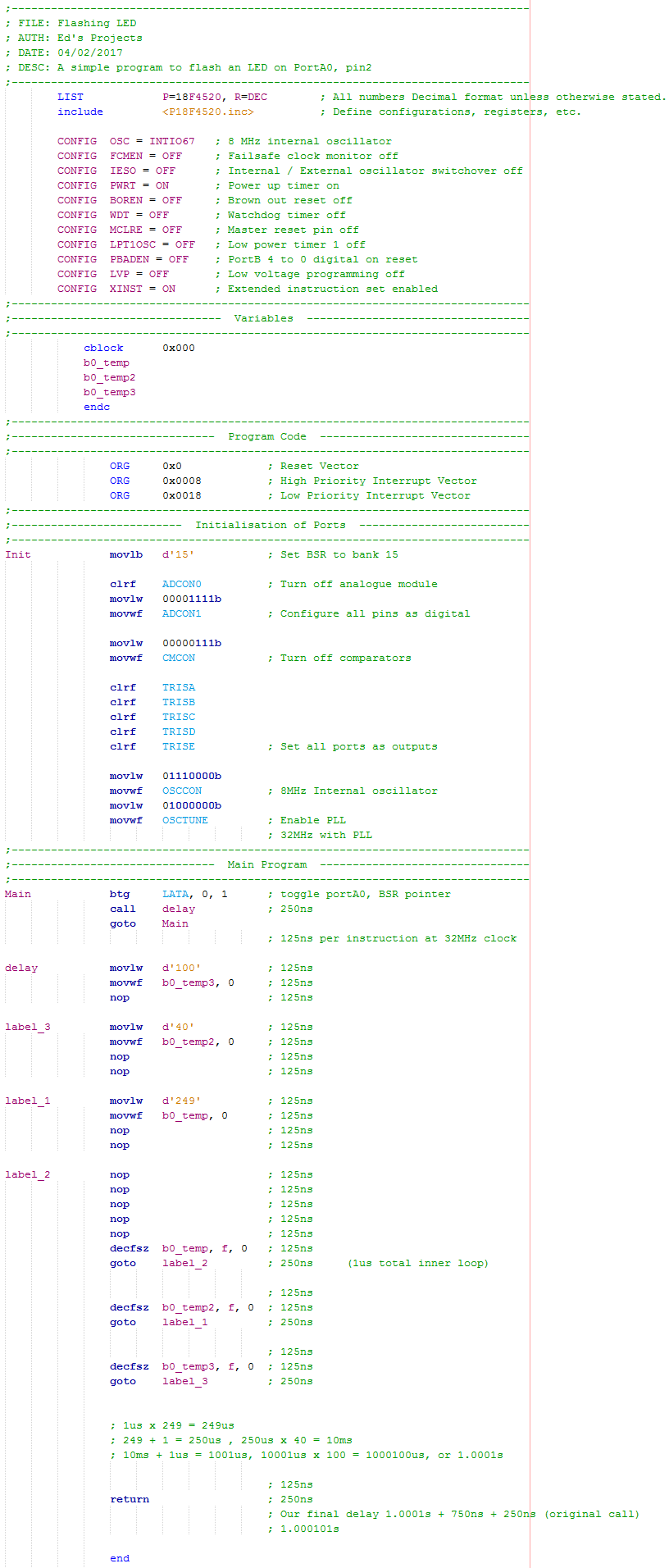 18 Series Microchip - Assembly Flashing LED Program Example