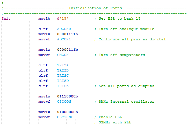 18 Series Microchip - Assembly Initialisation Program