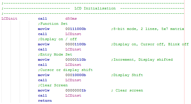 18 Series Microchip - Assembly Character LCD Initialisation Program