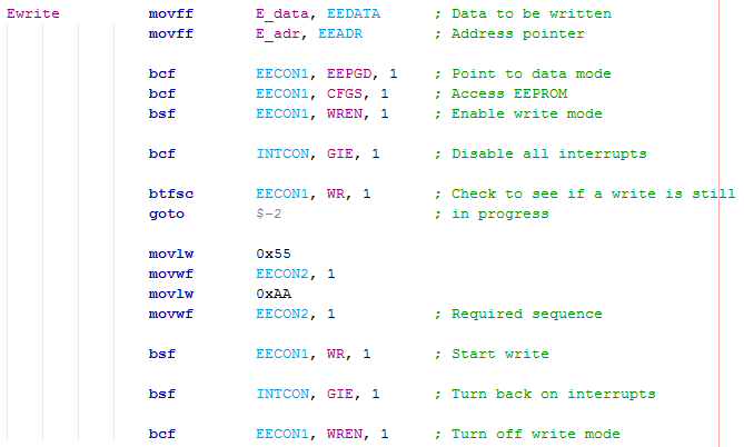 18 Series Microchip - Assembly EEPROM Write Program Example