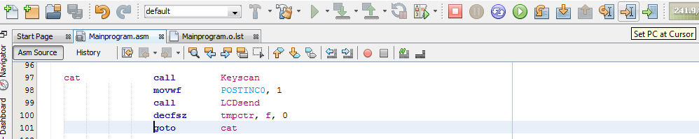 MPLAB - Simulation - Set Program Counter at Cursor