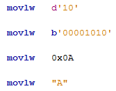 assembly example load working register with literal