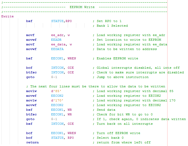 16 Series Microchip - Assembly EEPROM Write Program