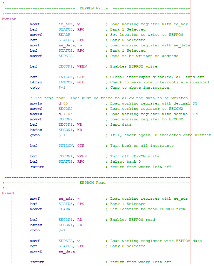 16 Series Microchip - Assembly EEPROM Read and Write Program