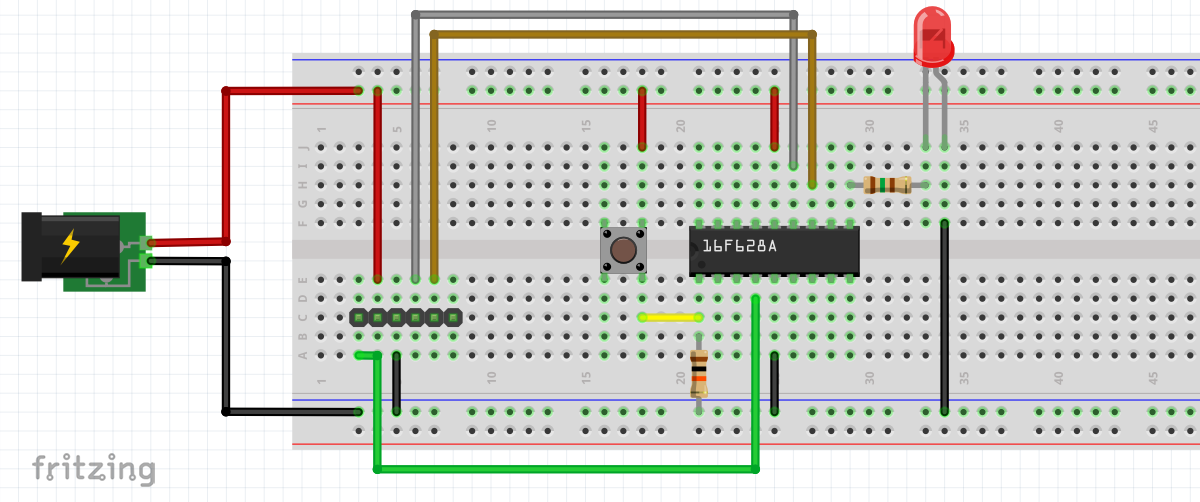 Flashing LED 16F628A Breadboard Layout