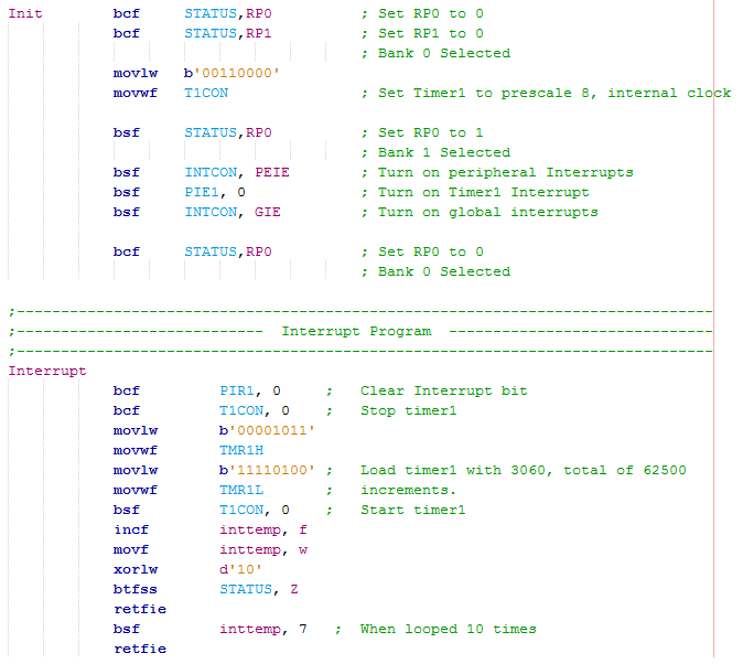 16 Series Microchip -  Assembly Timer 1 Initialisation and Interrupt