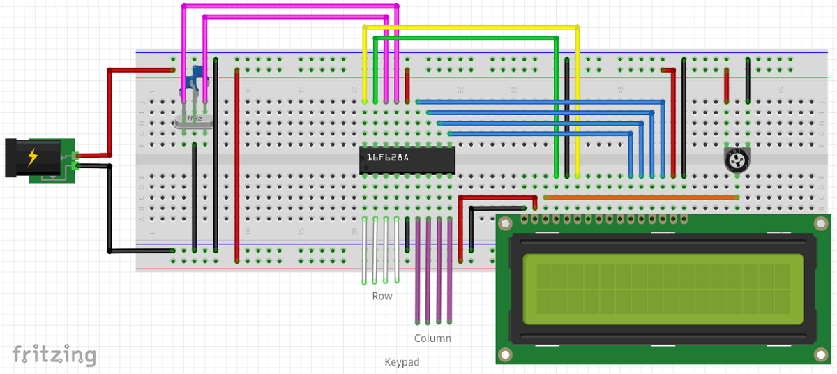 Breadboard Layout of 16F628A, keypad and LCD
