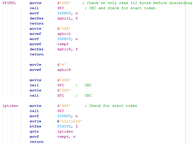 Assembly program for 16 Series Microcontroller to read SD Card