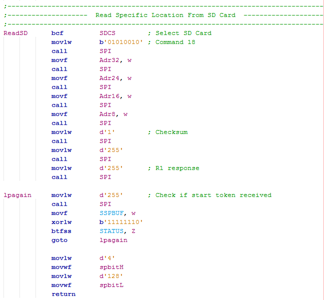 Assembly program for 16 Series to read SD Card