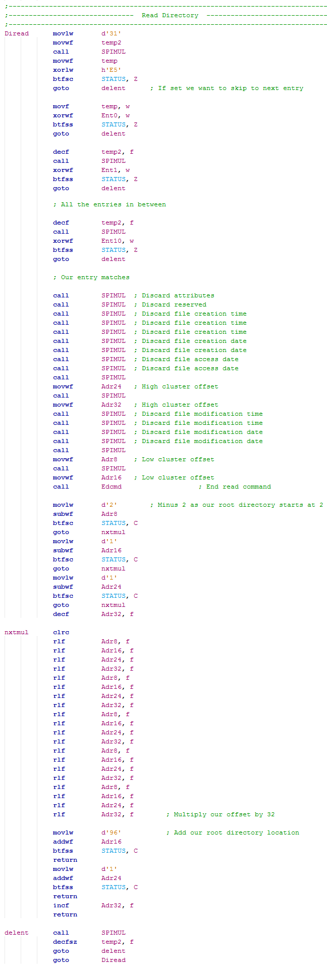 Assembly program for 16 Series Microcontroller to read SD Card