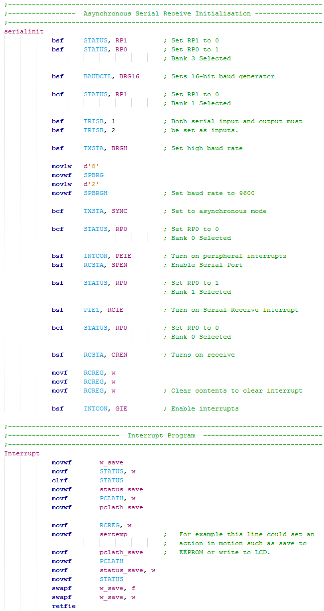 Microchip 16 Series Serial - Asynchronous Serial Receive assembly program