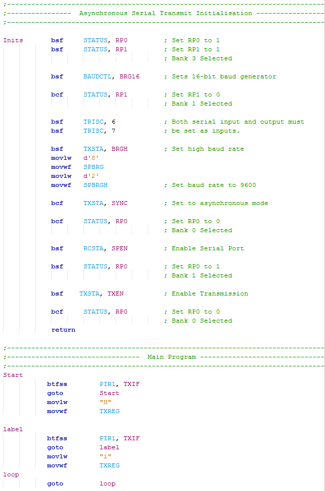 Microchip 16 Series Serial - Asynchronous Serial Transmit assembly program