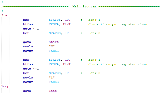 Microchip 16 Series Serial - Main Asynchronous Send and Receive assembly program