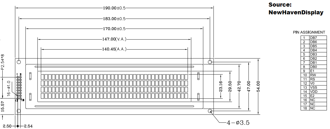 NewHaven 4 x 40 Character LCD dimensions