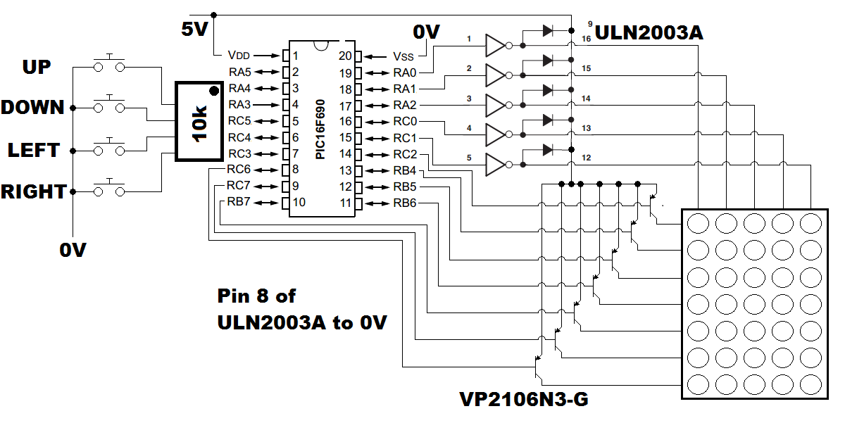 LED Dot Matrix Snake Game - Circuit Diagram